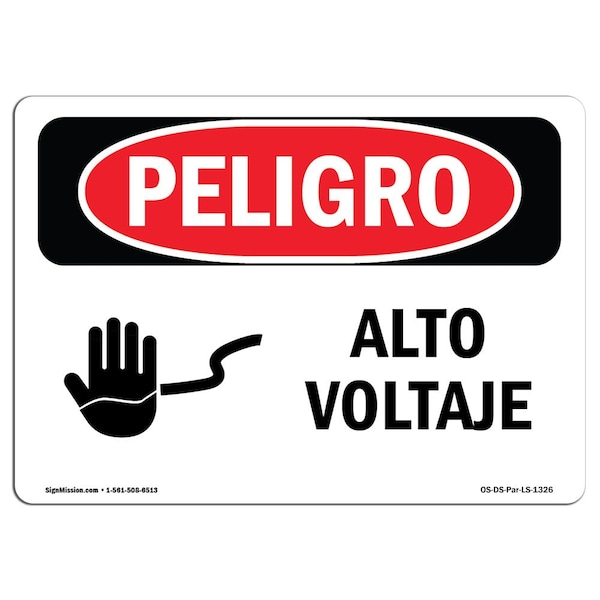 Safety Sign, OSHA Danger, 18" Height, 24" Width, High Voltage Spanish